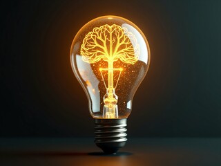 Creative concept of glowing light bulb with brain tree inside, idea innovation illustration