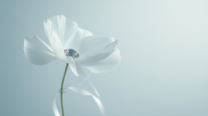 Obraz premium Delicate White Flower With Ribbon Against Soft Blue Background