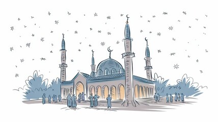 Naklejka premium Night scene at a mosque with people gathered outside