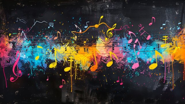 Vibrant brushstrokes dance around musical notes on a chalkboard, inspiring creativity and learning