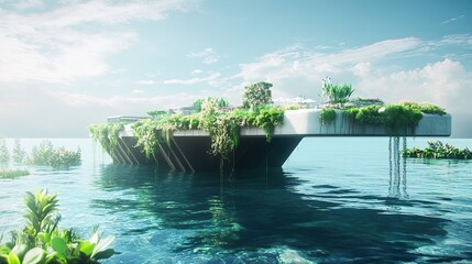 Futuristic floating island with lush vegetation and modern architecture, serene ocean scene.