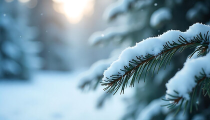 A snowy winter landscape with blurred pine tree branches in the foreground and soft, snowflakes falling in the air, Winter fir tree scene. Fir branches covered with snow, created with generative ai