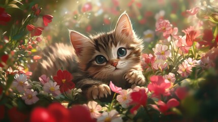 Adorable kitten nestled amongst vibrant flowers in a sunlit garden.