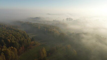Fototapeta premium Aerial view of morning fog covering autumn forest and fields at sunrise