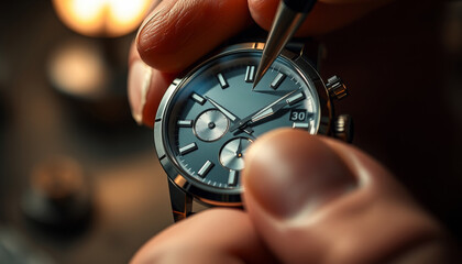 Watchmaker at work. Close-up of a watchmaker's hands carefully working on a mechanical watch.