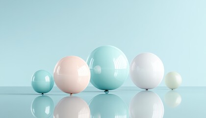 Pastel Colored Spheres in a Serene Minimalist Setting with Reflections
