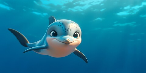 Adorable cartoon dolphin swimming gracefully in a serene ocean environment under soft sunlight beams