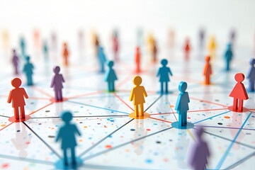 Abstract representation of a social network with colorful human figures connected by lines, symbolizing communication, diversity, and community.