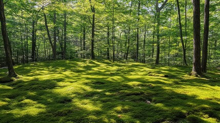 Fototapeta premium Lush green moss covered forest floor bathed in sunlight.