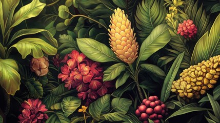 Obraz premium Lush Tropical Blooms: A vibrant explosion of exotic flowers and rich foliage. Immerse yourself in nature's artistry!