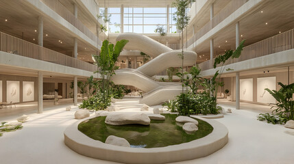 Modern building atrium with plants, curved staircase, and pond.
