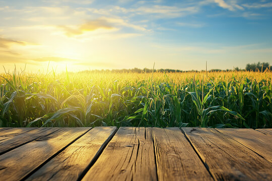 Empty Wooden Table In Front of a Vast Corn Field, Corn Based Product Background Display