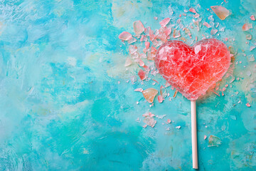 Lollipop concept of broken love and symbol of relationship break up. Pink heart on a blue background. Lonely Valentine Day banner with copy space 