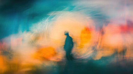 Fototapeta premium Abstract motion blur of a person walking in vibrant sunset.