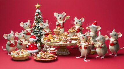 Cute mice enjoying Christmas treats and festive sweets around a decorated table.