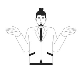 Business jacket suit caucasian man shrugging hands black and white 2D line character. Bearded businessman indifferent male corporate isolated vector outline person. Monochromatic spot illustration