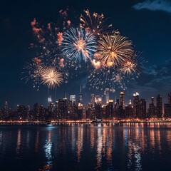 Fototapeta premium A fireworks display over a city skyline, with sparkling lights celebrating innovation and new beginnings.