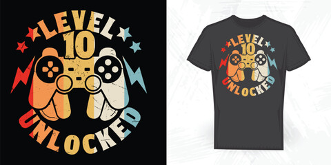 Level 10 Unlocked Funny Gaming Lover Vintage Game T-shirt Design	
