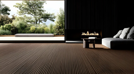Modern minimalist living room with fireplace and garden view.