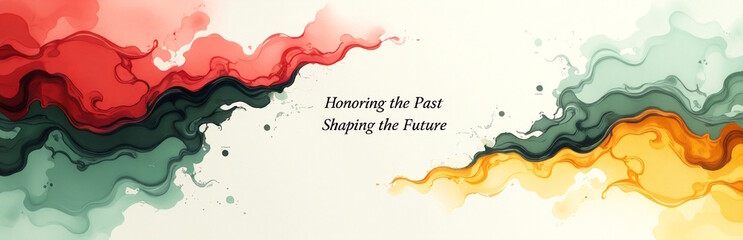 Obraz premium Abstract wavy paint flows in red, green, yellow, and black with text honoring the past, Black History Month concept