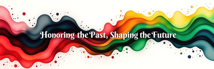 Watercolor wavy paint flows in red, green, yellow, and black with text honoring the past, Black History Month concept