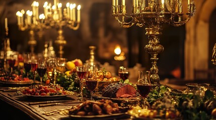 Lavish medieval-style dinner feast on long table with candles, wine, roasted meat, and fruits.