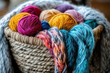 A Cozy Basket Filled with Colorful Yarn for Creative Projects and Inspiration