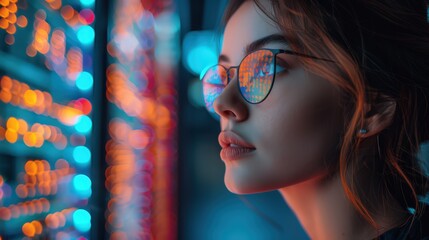 Female IT Specialist at a Data Center Working with Augmented Visualization Technology to Optimize Cloud Computing Security Systems and Server Farm Management