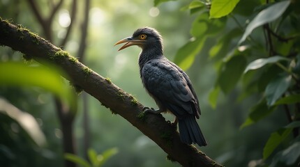 Fototapeta premium Close-up of a Black-hooded Drongo perched on a branch, Generative AI