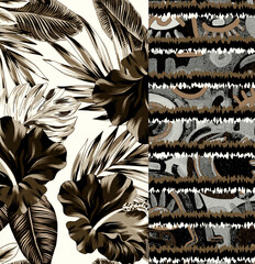 art graphic and watercolor autumn colorful background with sketching leaves and flowers in white, red and black colors