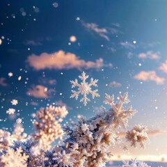 Fototapeta premium Snowflake in Winter Sky. A detailed snowflake floats in a clear blue sky with fluffy clouds, surrounded by other snowflakes and frosted branches.
