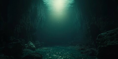 Dark and Mysterious Underwater Cave with Sunlight Beaming Through Water Surface