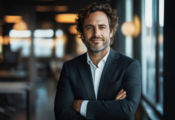 Fototapeta premium portrait of man manager standing arms crossed, smiling, stands in a modern buidilng.