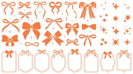 Simple hand drawn orange ribbon bow collection. Bowknot for decoration, big set of bowtie. Large retro ribbon illustration set. Set of various cartoon bow knots, gift ribbons. Frames, bows, sparkles
