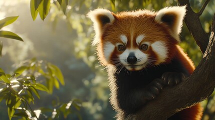 Fototapeta premium Adorable red panda sitting on a tree branch in a lush forest, sunlight filtering through leaves.