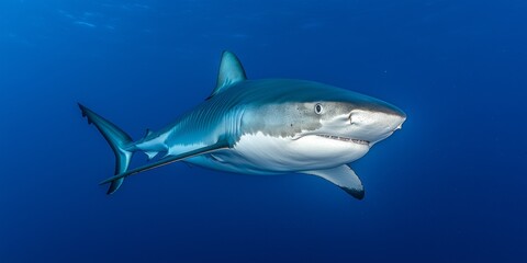 Naklejka premium Majestic Shark Swimming Gracefully in Clear Blue Ocean Depths Captured Underwater