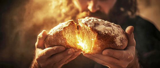 Jesus Christ holds freshly broken bread in a serene and warm light, symbolizing nourishment and spirituality