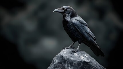 Fototapeta premium A black crow is perched on a rock in the dark