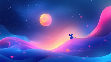 Fototapeta premium Dreamy Landscape with Mouse Silhouette and Colorful Moon Background