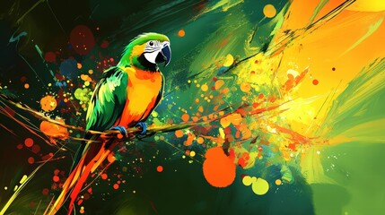 Vibrant Parrot Perched Among Abstract Colorful Splashes