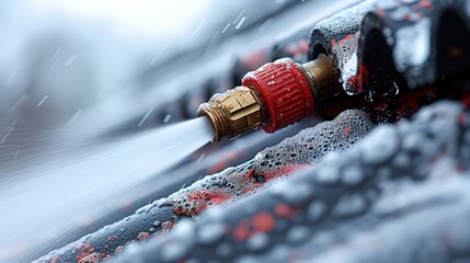 Close-Up Photo Capturing the Process of Cleaning Spring Rain Gutters Using a Pressure Washer, Showcasing Attention to Detail and Task Precision