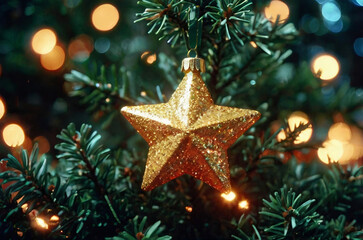 Golden Star Ornament on Christmas Tree with Warm Festive Lights- christmas tree with stars