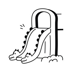 A simple, black and white line drawing of a child's slide with a fun, cartoonish design