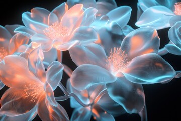 Obraz premium Translucent, glowing flowers in shades of light blue and pink on a black background. 