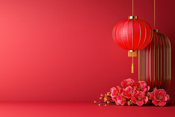 Red lanterns and flowers on vibrant red background create festive atmosphere