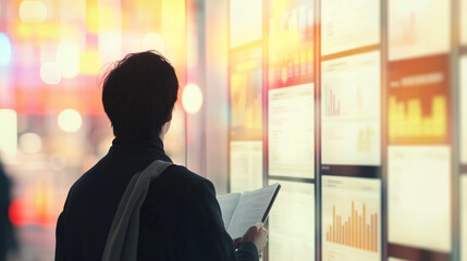 Person standing in front of a job listings board, scanning opportunities with a focused expression. The scene conveys the pursuit of career advancement and the search for meaningful employment.