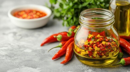 Organic chili is an essential ingredient. Spicy oil with chili flakes and fresh herbs on a table.