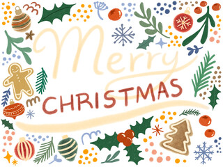 Merry Christmas calligraphy lettering with Christmas decorations. Retro illustration