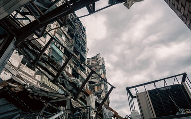 destroyed and burned houses in the city in Ukraine