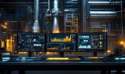 A control room with multiple screens displaying industrial data and analytics.